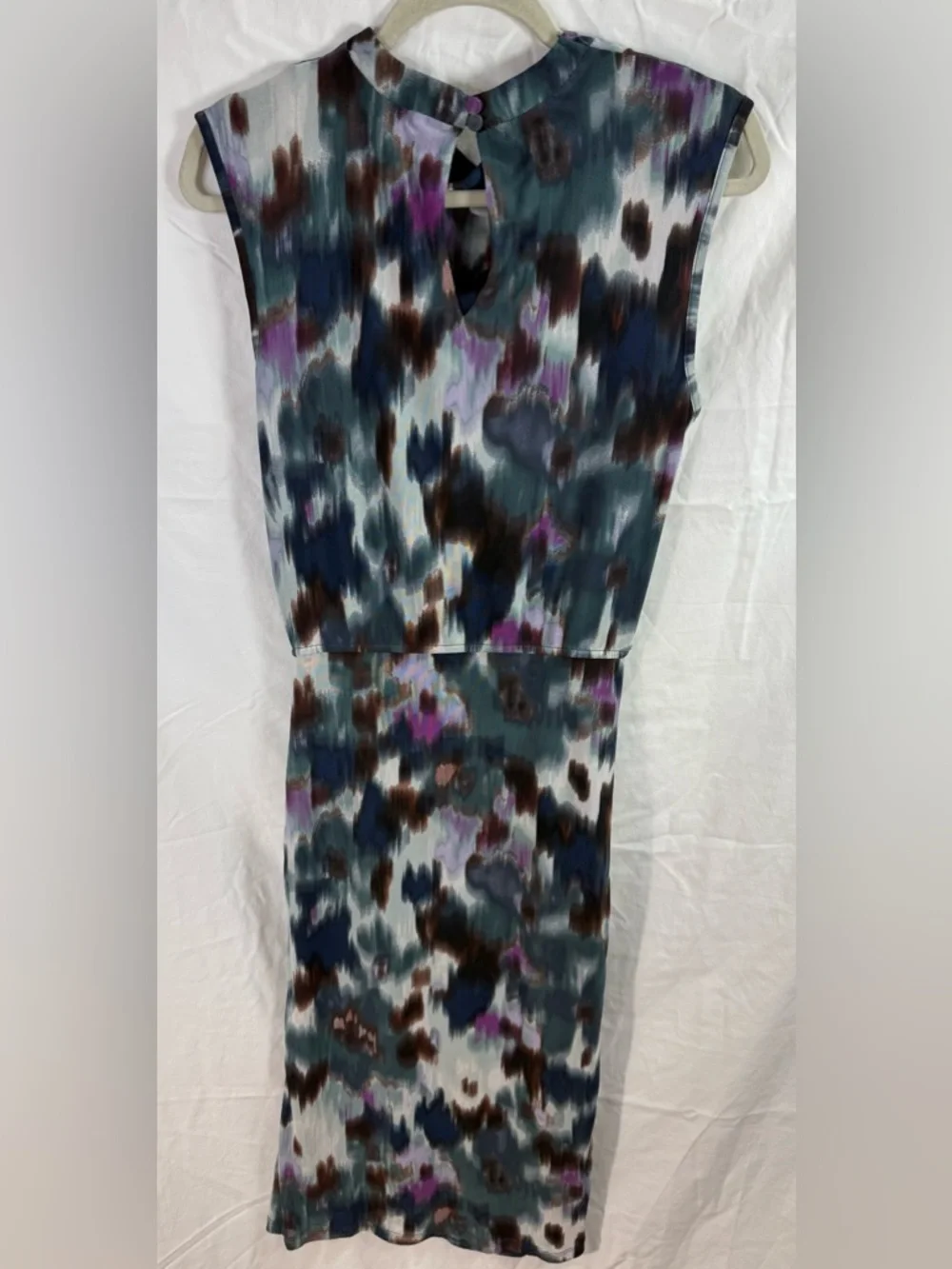 EVEREVE Ruched Abstract Print Midi Dress Mock Neck Stretch Dress Small - Picture 3 of 5